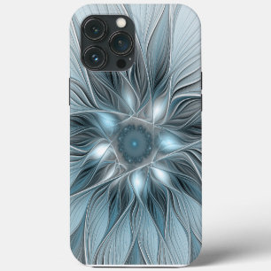 Etui iPhone 13 Pro Max Fleur joyeuse abstraite florale fractale bleue gri