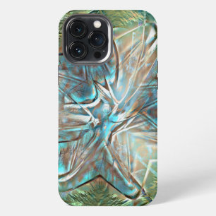 Etui iPhone 13 Pro Max Fleur verte et bleue brillante sur texture de brui
