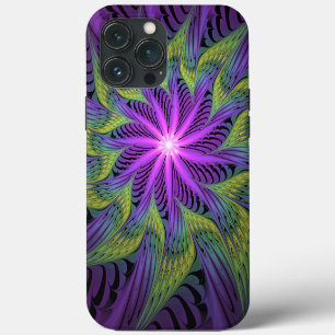 Etui iPhone 13 Pro Max Fleur verte violette Art fractal abstrait moderne