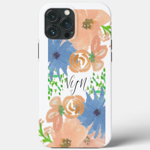 Etui iPhone 13 Pro Max Fleurs à l'aquarelle Monogramme Bleu Pêche