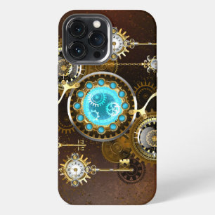 Etui iPhone 13 Pro Max Fond rouillé Steampunk avec verres turquoise