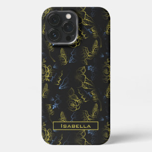 Etui iPhone 13 Pro Max Grand motif fleuri or nom personnalisé