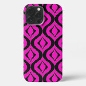 Etui iPhone 13 Pro Max Gras brillant rose chaud noir Ikat Ogee Art Motif (Verso)