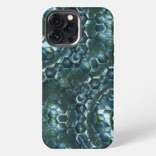 Etui iPhone 13 Pro Max Hexagones abstraits en cyan foncé à luminosité tac