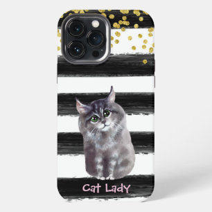 Etui iPhone 13 Pro Max Illustration de chat à rayures noires et paillette
