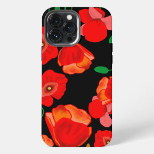 Etui iPhone 13 Pro Max Illustration de coquelicots rouges sur fond noir