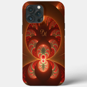 Etui iPhone 13 Pro Max Initiales de l'art fractal orange rouge abstrait l
