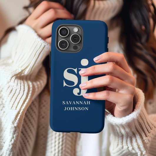 Etui iPhone 13 Pro Max Initiales de monogramme bleu marine élégant