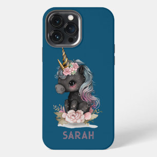 Etui iPhone 13 Pro Max Joli licorne noir avec licorne aquarelle fleurs