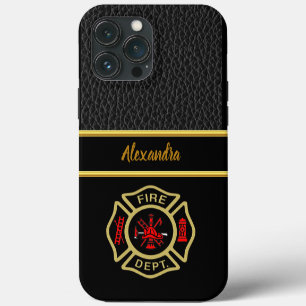 Etui iPhone 13 Pro Max logo du département des pompiers Badge Or et Dos E