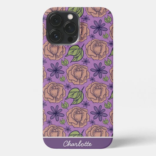 Etui iPhone 13 Pro Max Modèle fleuri violet grande fleur avec nom (Verso)