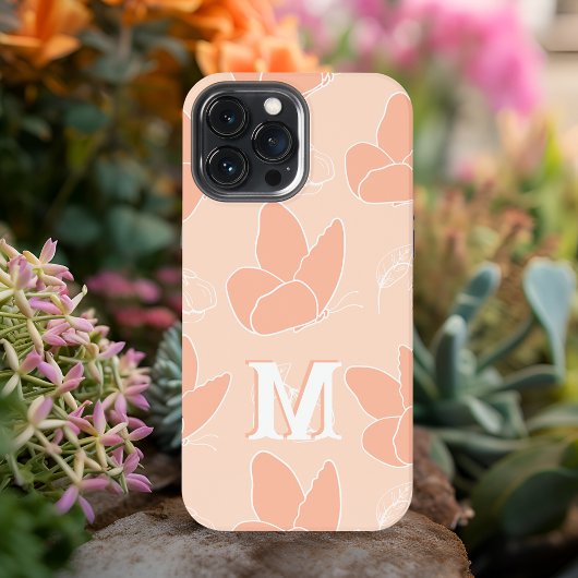 Etui iPhone 13 Pro Max Monogram M Moderne Motif Papillon Abricot Pêche
