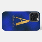 Etui iPhone 13 Pro Max Monogramme A bleu métallisé et or (Verso Horizontal)