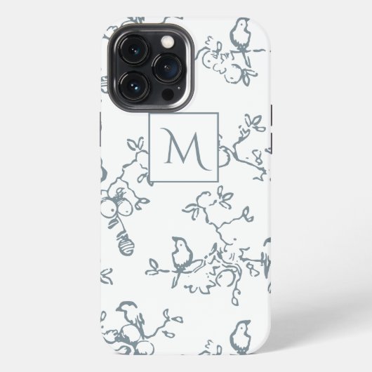 Etui iPhone 13 Pro Max Monogramme Blanc Bleu Motif Oiseau Simple (Verso)