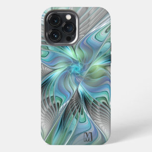 Etui iPhone 13 Pro Max Monogramme d'art fractal à papillon bleu vert Abst