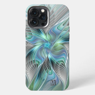 Etui iPhone 13 Pro Max Monogramme d'art fractal à papillon bleu vert Abst