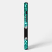 Etui iPhone 13 Pro Max Monogramme Faux Bling Turquoise (Côté gauche)