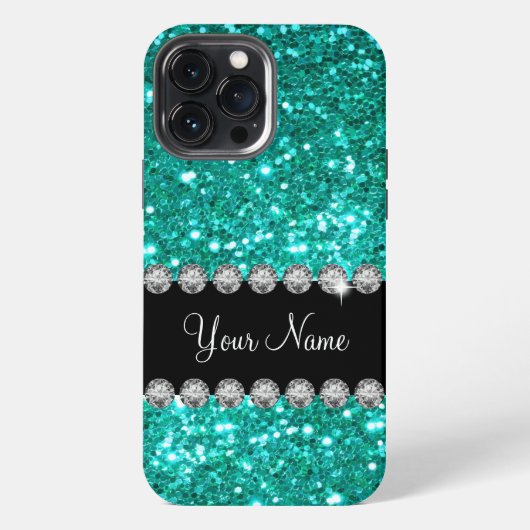 Etui iPhone 13 Pro Max Monogramme Faux Bling Turquoise (Verso)
