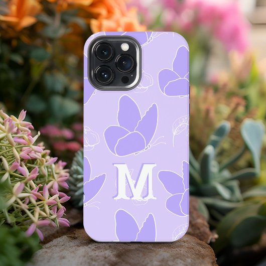 Etui iPhone 13 Pro Max Monogramme M Motif papillon bleu moderne Lilac
