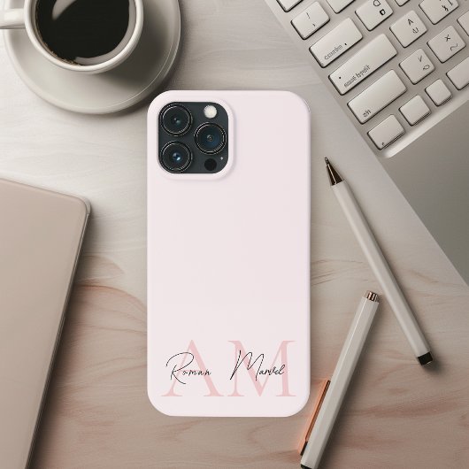Etui iPhone 13 Pro Max Monogramme minimal initial et nom Pastel rose