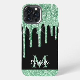 Etui iPhone 13 Pro Max Monogramme moderne Parties scintillant verte à la