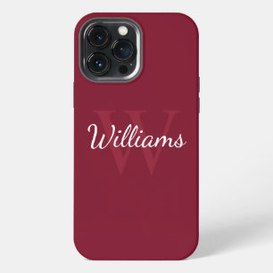 Etui iPhone 13 Pro Max Monogramme personnalisé et nom rouge bordeaux