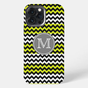 Etui iPhone 13 Pro Max Monogramme Zigzag Chevron Vert Blanc Noir