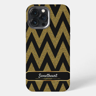 Etui iPhone 13 Pro Max Motif Chevron Noir Et Or Luxe