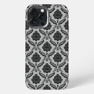 Etui iPhone 13 Pro Max Motif Damassé Rococo Noir sur Gris