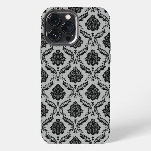 Etui iPhone 13 Pro Max Motif Damassé Rococo Noir sur Gris (Verso)