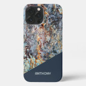 Etui iPhone 13 Pro Max Motif en marbre bleu foncé Tan noir Faux (Verso)