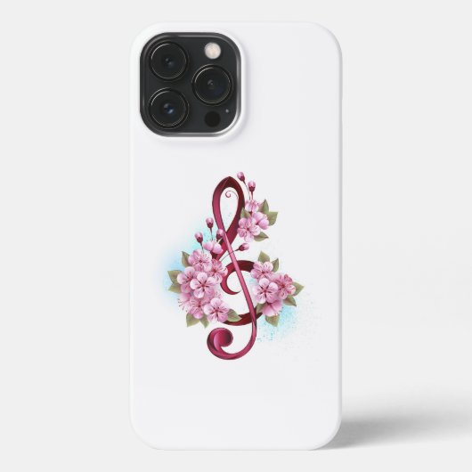 Etui iPhone 13 Pro Max Musical treble clef notes with sakura flowers (Verso)