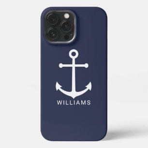 Etui iPhone 13 Pro Max Nautical White Anchor and Custom Nom on Navy Blue