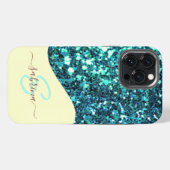 Etui iPhone 13 Pro Max Nom Monogrammé Pailleté avec Effet de Coulée Vert (Verso Horizontal)