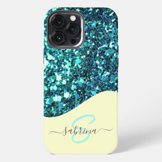 Etui iPhone 13 Pro Max Nom Monogrammé Pailleté avec Effet de Coulée Vert (Verso)