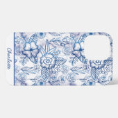 Etui iPhone 13 Pro Max Nom personnalisé motif floral bleu transparent (Verso Horizontal)