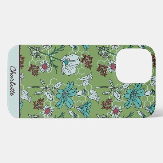 Etui iPhone 13 Pro Max Nom personnalisé motif floral vert transparent (Verso Horizontal)