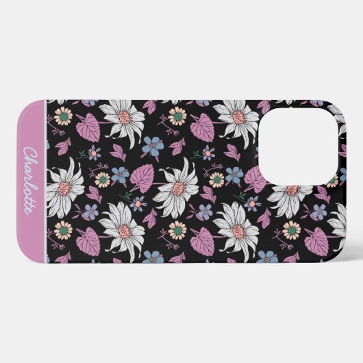 Etui iPhone 13 Pro Max Nom personnalisé rose floral continu motif (Verso Horizontal)