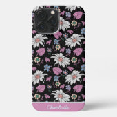 Etui iPhone 13 Pro Max Nom personnalisé rose floral continu motif (Verso)