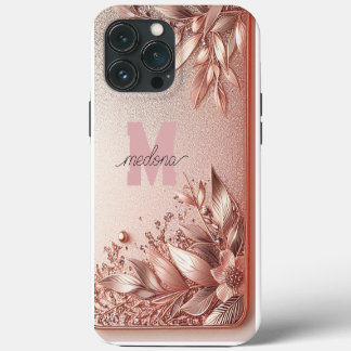 Etui iPhone 13 Pro Max Or rose moderne élégant avec courbe florale11