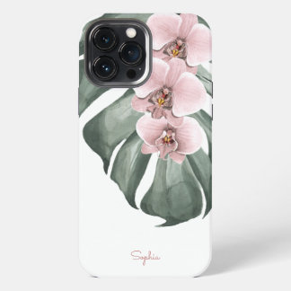 Etui iPhone 13 Pro Max Orchidées roses sur Monstera Flore tropicale avec
