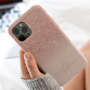Etui iPhone 13 Pro Max Paillettes rose doré ombré avec monogramme scintil