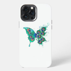 Etui iPhone 13 Pro Max Papillon aux plumes de paon vert