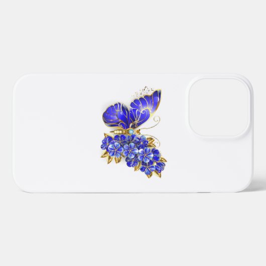 Etui iPhone 13 Pro Max Papillon saphir à fleurs (Verso Horizontal)