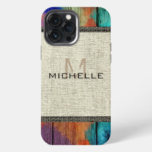 Etui iPhone 13 Pro Max Peinture Bois Aspect Burlap Monogramme Rustique