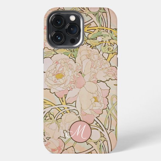Etui iPhone 13 Pro Max Peony rose Alphonse Mucha Monogramme (Verso)