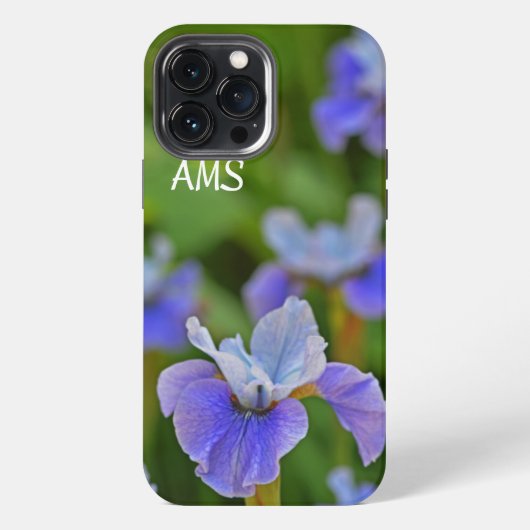 Etui iPhone 13 Pro Max Portrait de fleur d'Iris bleu avec initiales perso (Verso)