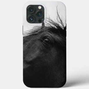 Etui iPhone 13 Pro Max Portrait équestre minimaliste de cheval noir et bl