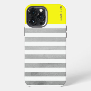 Etui iPhone 13 Pro Max Rayures Horizontales Jaune et Gris Nom Personnalis