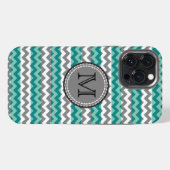 Etui iPhone 13 Pro Max Turquoise et Chevron Gris Zigzag Monogramme (Verso Horizontal)